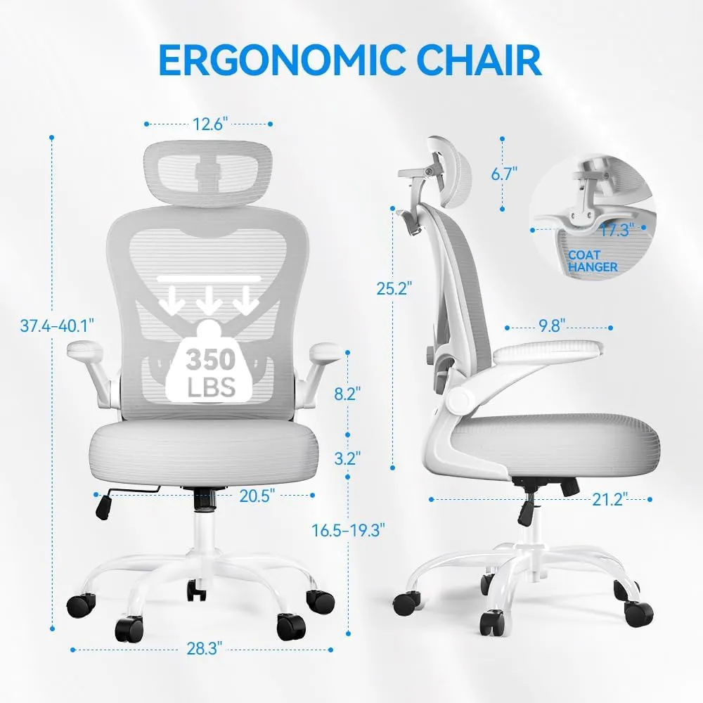 Ergonomic Office Chair with Headrest 3D, Mesh Office Desk Chair with Adjustable Lumbar Support, Computer Chair with Flip up Armrests, 350LBS Capacity - Design for Home/Offices - White