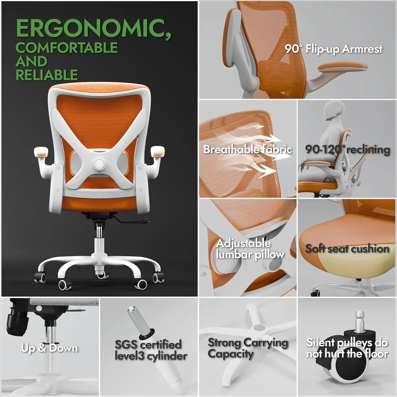 Ergonomic Office Chair - X-Shaped Computer Desk Chair Comfy, Gaming Chair, Office Chair with Lumbar Support, Mesh Office Chairs, Desk Chair for Long Hours(White-Orange)