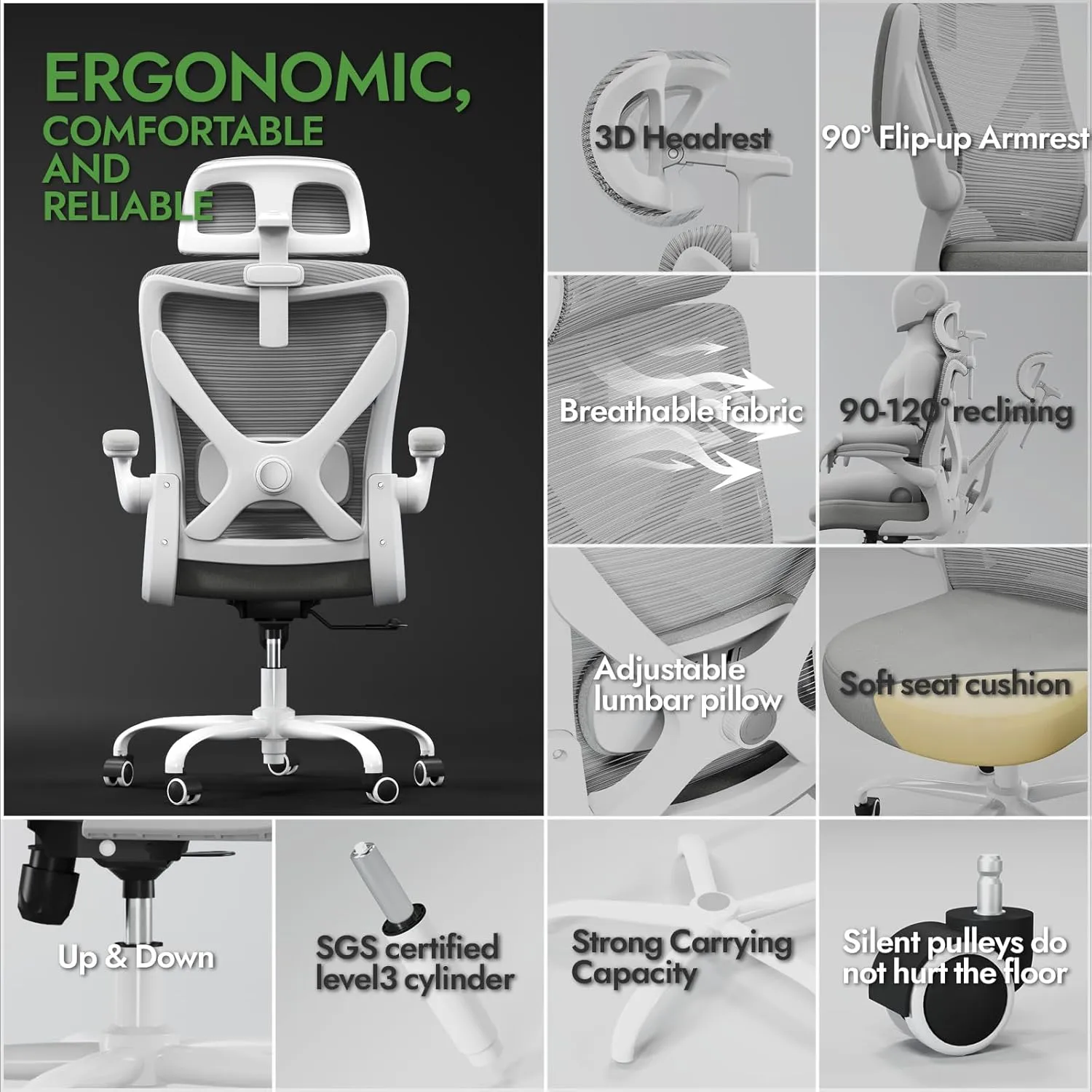 Ergonomic Office Chair - X-Shaped Computer Desk Chair Comfy, Gaming Chair, Office Chair with Lumbar Support, Mesh Office Chairs with Headrests, Desk Chair for Long Hours (Gray)