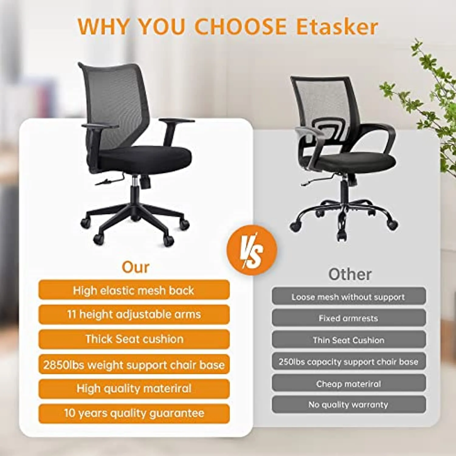 ETasker Ergonomic Office Chair, Back Support Home Office Desk Chair, Mesh Swivel Computer Chair with Armrests Adjustable