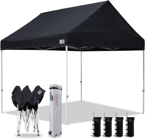 Eurmax USA Patented 10x10 Pop Up Canopy Tent Party Tent Commercial Instant Canopies Shelter with Heavy Duty Roller Bag,Bonus 4 Sand Bags (Black)
