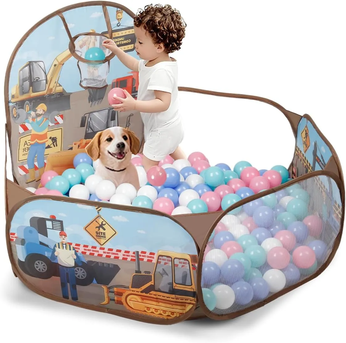 Excavator Kids Ball Pit for Toddler with Basketball Hoop Foldable Pop-Up Baby Ball Pool for Girls Boys Indoor & Outdoor Game 47.24"/120cm Wide Plyahouse Tent (Balls NOT Included)
