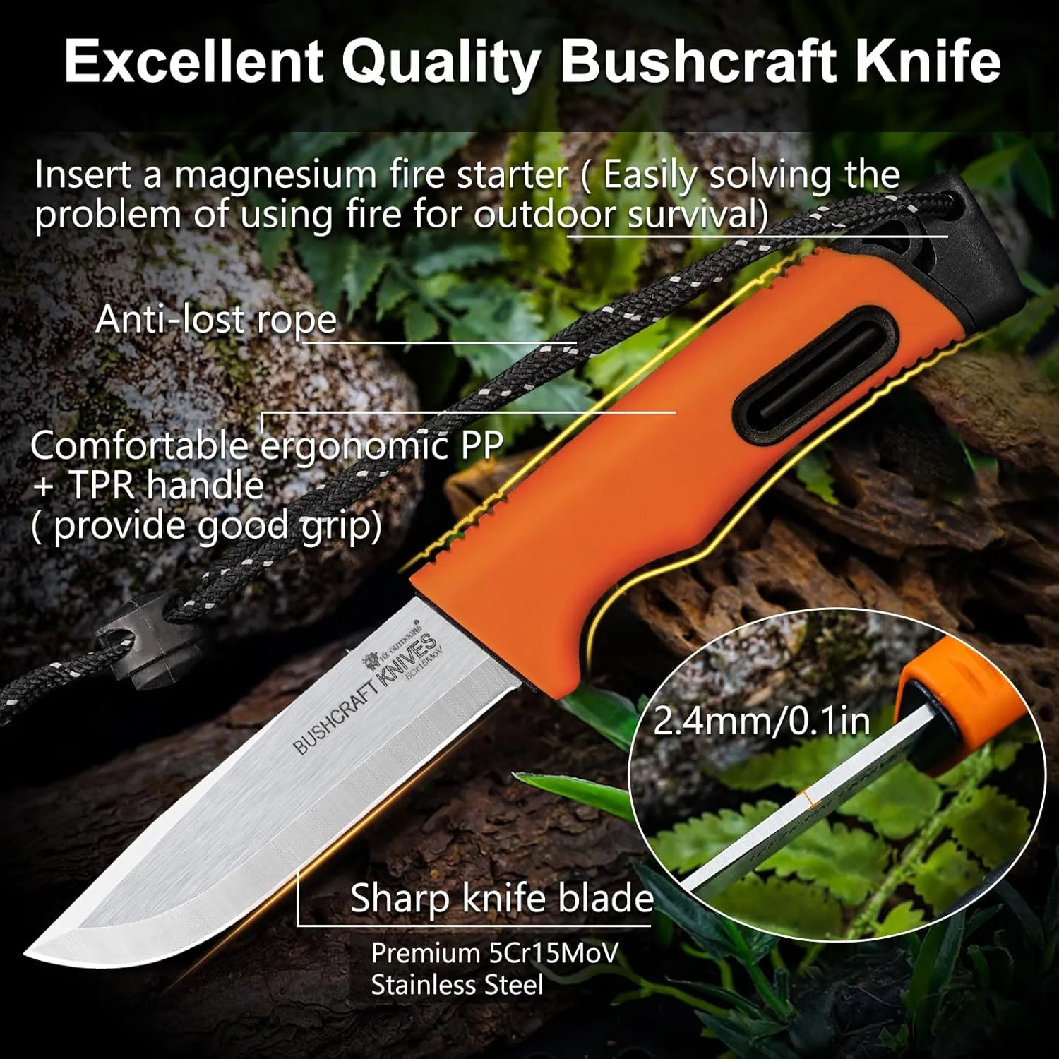 Extra Sharp Bushcraft Knife, 5Cr15MoV Stainless Steel Fixed Blade Survival Camping Knife with Ferro Rod and Plastic Sheath for Outdoor, Backpacking (Orange)