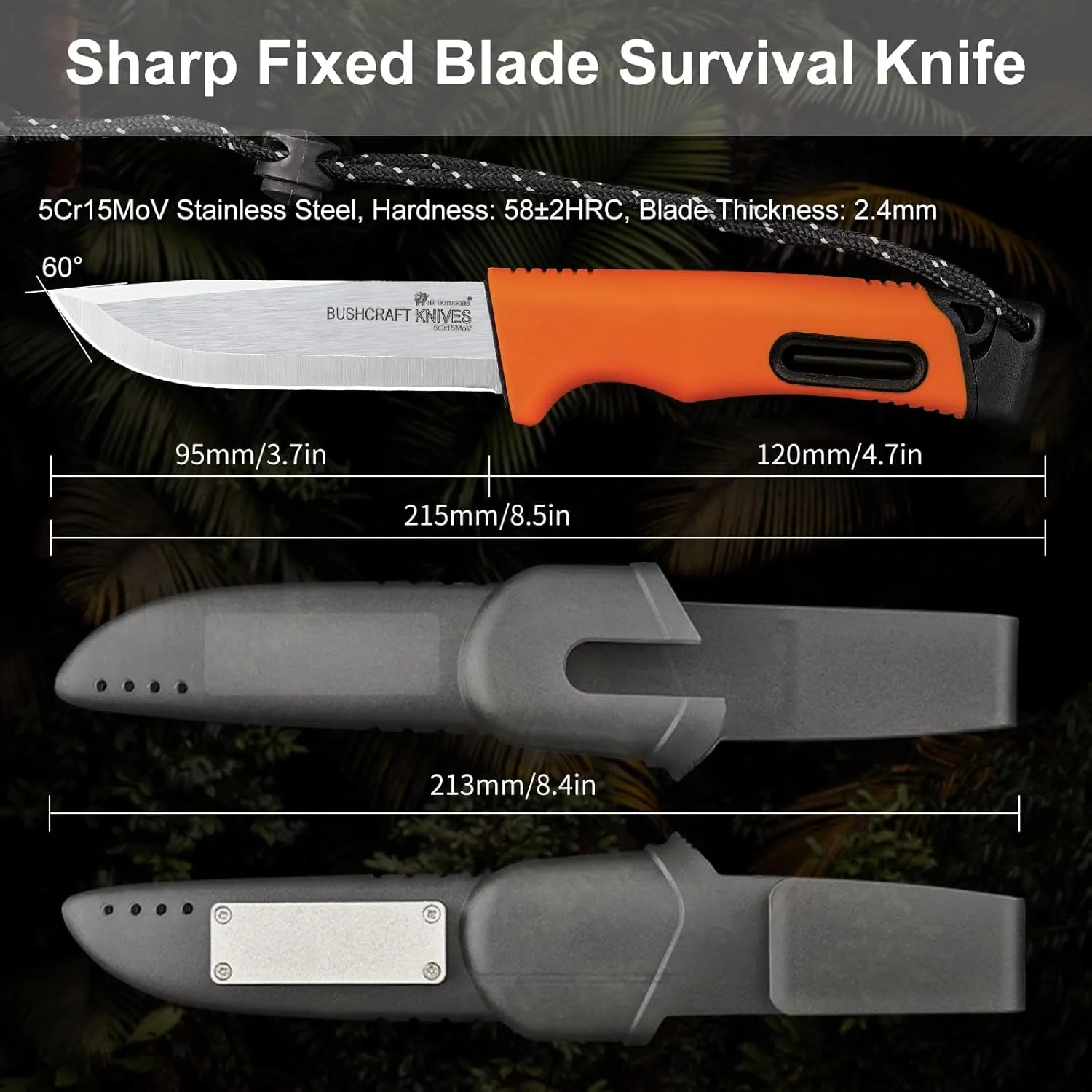 Extra Sharp Bushcraft Knife, 5Cr15MoV Stainless Steel Fixed Blade Survival Camping Knife with Ferro Rod and Plastic Sheath for Outdoor, Backpacking (Orange)