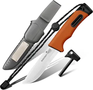 Extra Sharp Bushcraft Knife, 5Cr15MoV Stainless Steel Fixed Blade Survival Camping Knife with Ferro Rod and Plastic Sheath for Outdoor, Backpacking (Orange)