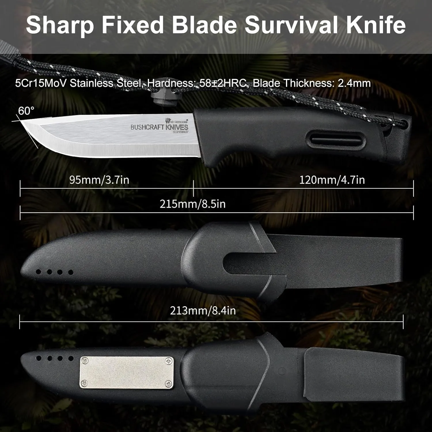 Extra Sharp Bushcraft Knife, 5Cr15MoV Stainless Steel Fixed Blade Survival Camping Knife with Fire Starter and Plastic Sheath for Outdoor, Backpacking (Black)