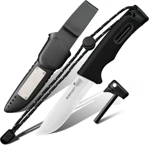 Extra Sharp Bushcraft Knife, 5Cr15MoV Stainless Steel Fixed Blade Survival Camping Knife with Fire Starter and Plastic Sheath for Outdoor, Backpacking (Black)