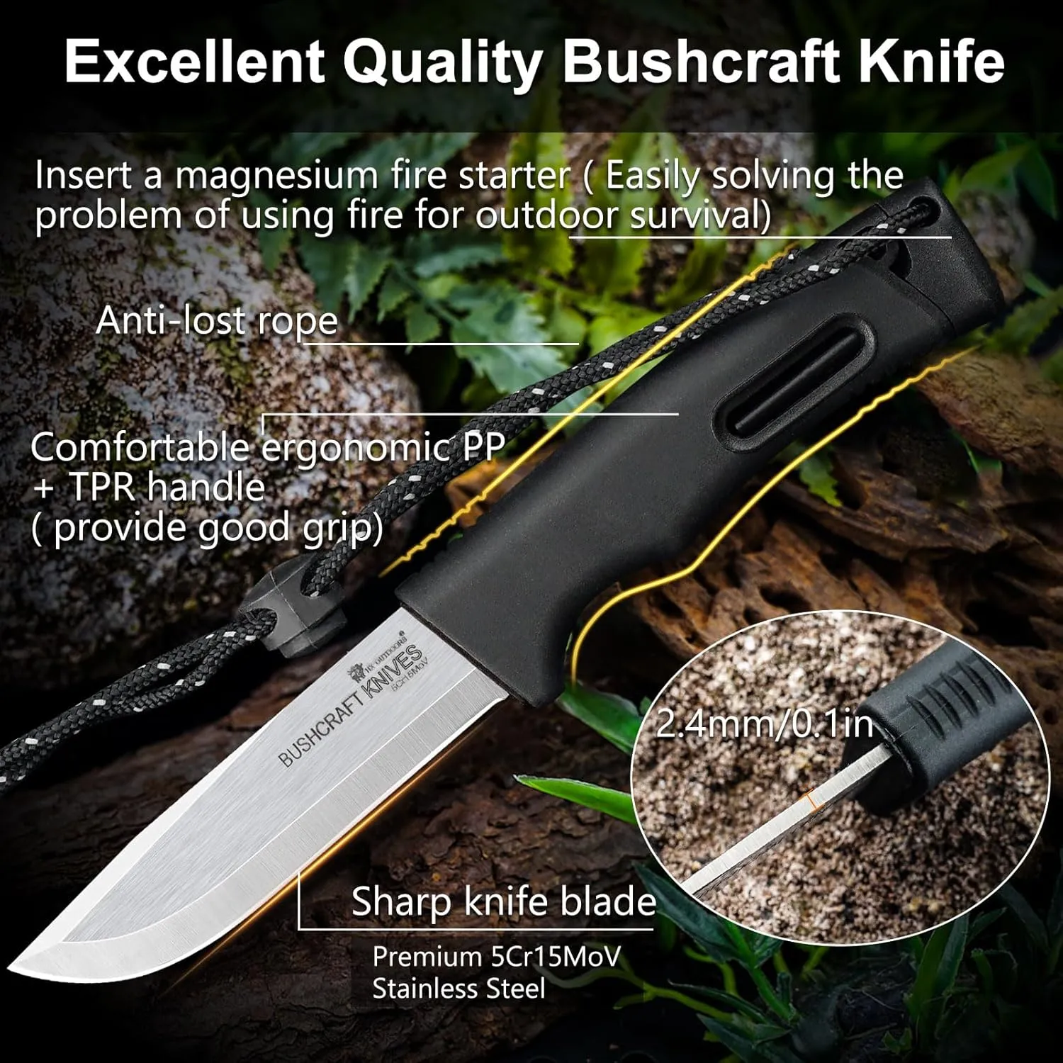 Extra Sharp Bushcraft Knife, 5Cr15MoV Stainless Steel Fixed Blade Survival Camping Knife with Fire Starter and Plastic Sheath for Outdoor, Backpacking (Black)