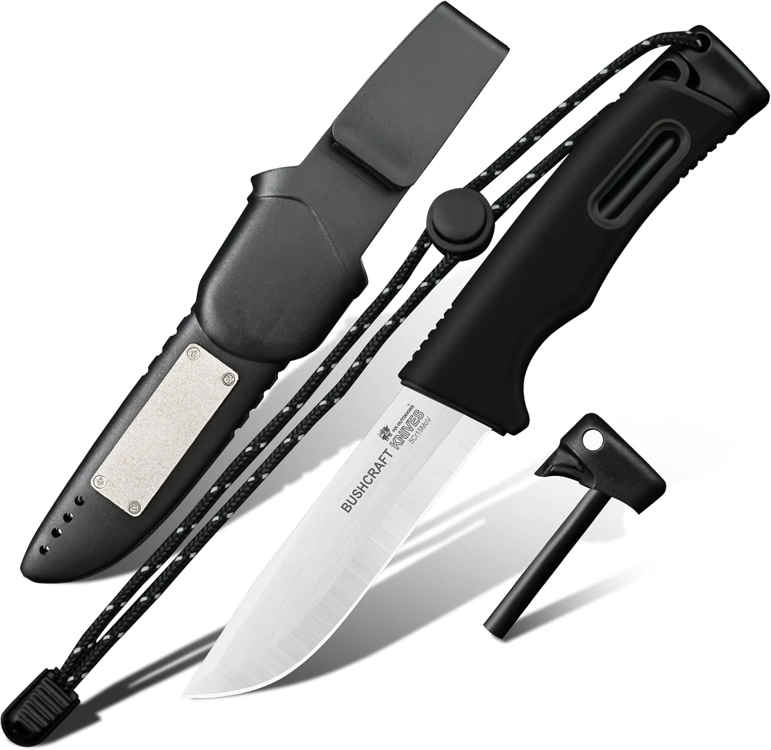 Extra Sharp Bushcraft Knife, 5Cr15MoV Stainless Steel Fixed Blade Survival Camping Knife with Fire Starter and Plastic Sheath for Outdoor, Backpacking (Black)