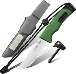 Extra Sharp Bushcraft Knife, 5Cr15MoV Stainless Steel Fixed Blade Survival Camping Knife with Fire Starter and Plastic Sheath for Outdoor, Backpacking (Dark Green)