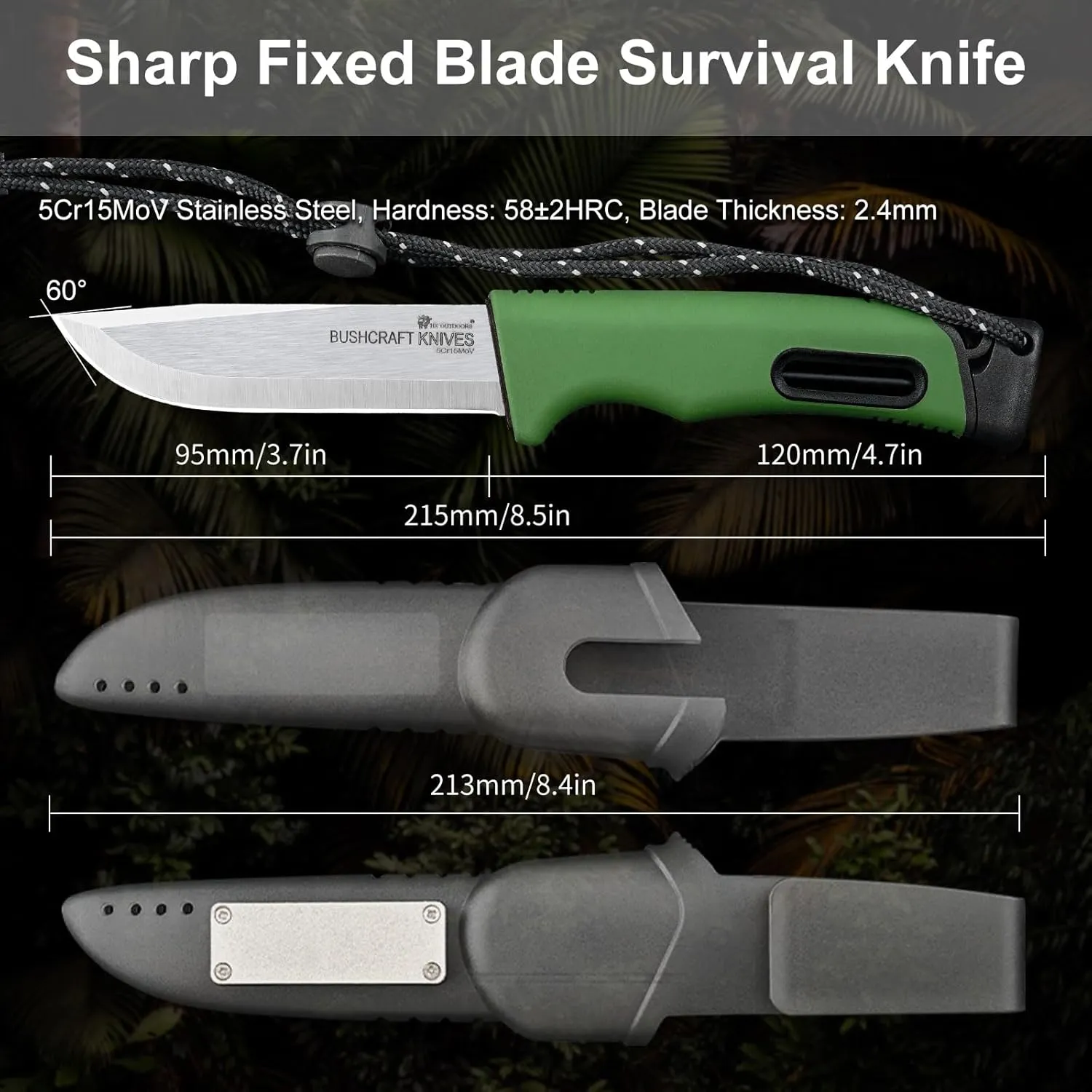 Extra Sharp Bushcraft Knife, 5Cr15MoV Stainless Steel Fixed Blade Survival Camping Knife with Fire Starter and Plastic Sheath for Outdoor, Backpacking (Dark Green)