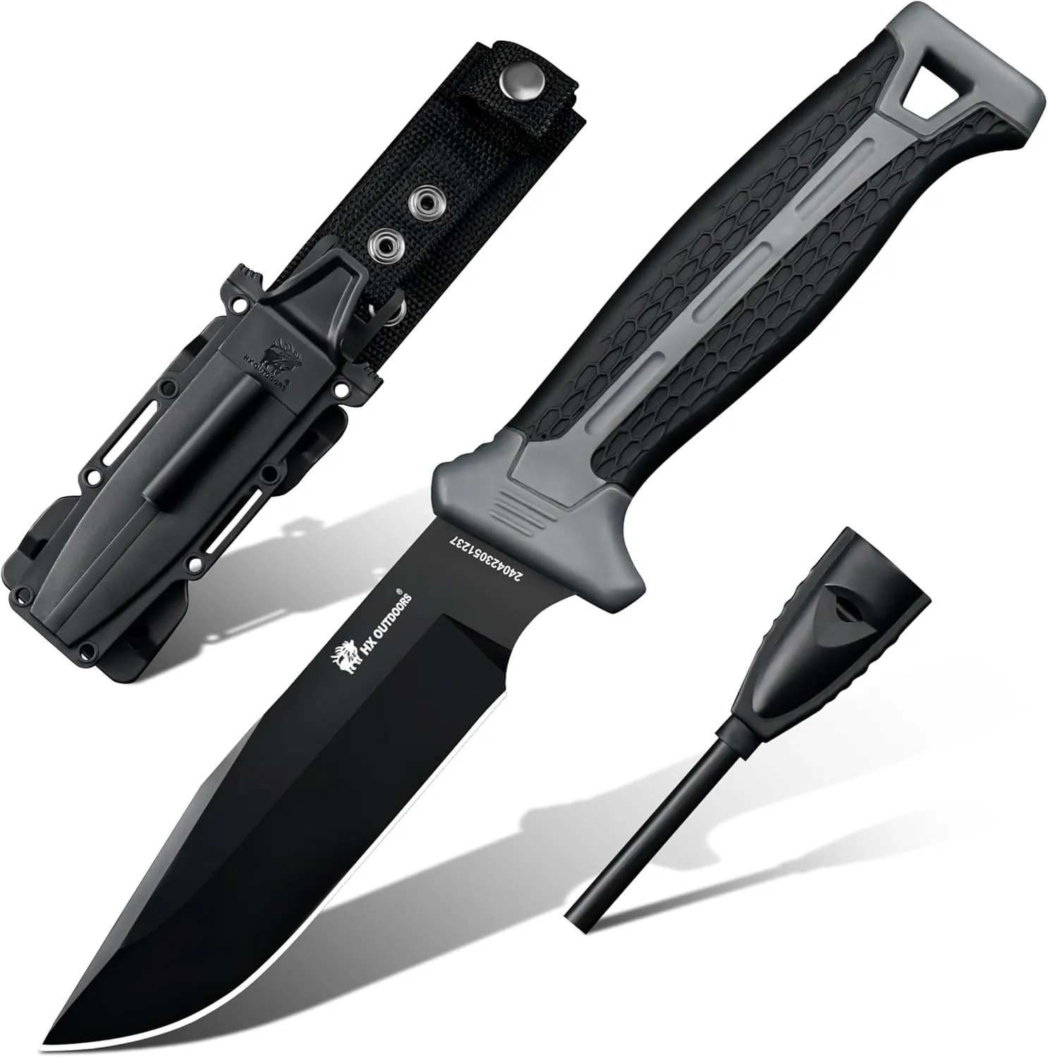 Extra Sharp Bushcraft Knife with Fire Starter, Premium D2 Steel Fixed Blade Survival Camping Knife with Plastic Sheath for Outdoor, Hiking, Backpacking(Black)
