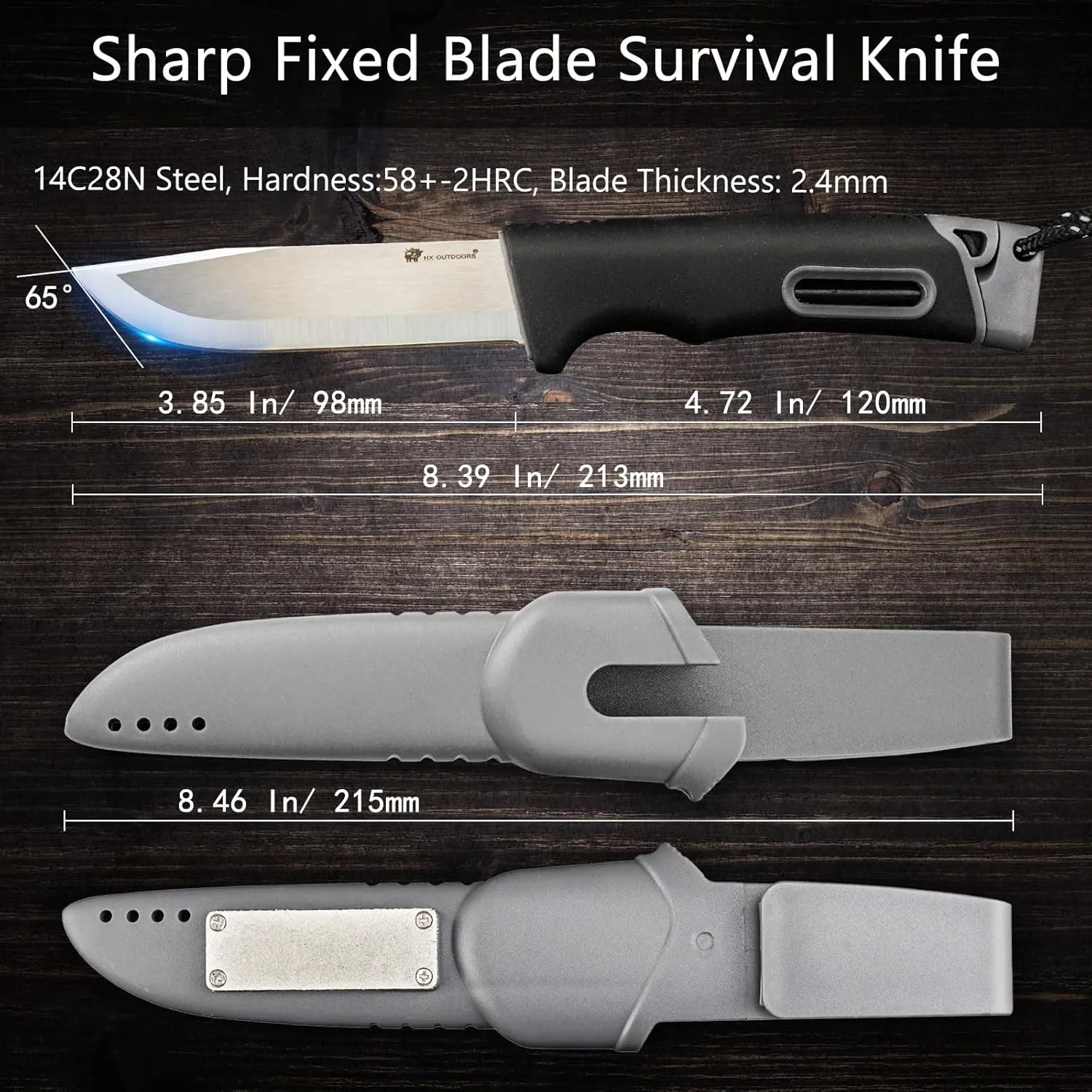 Extra Sharp Survival Bushcraft Knife with Fire Starter, Premium 14C28N Steel Fixed Blade Camping Knife with Sheath for Outdoor, Hiking, Backpacking(Black)