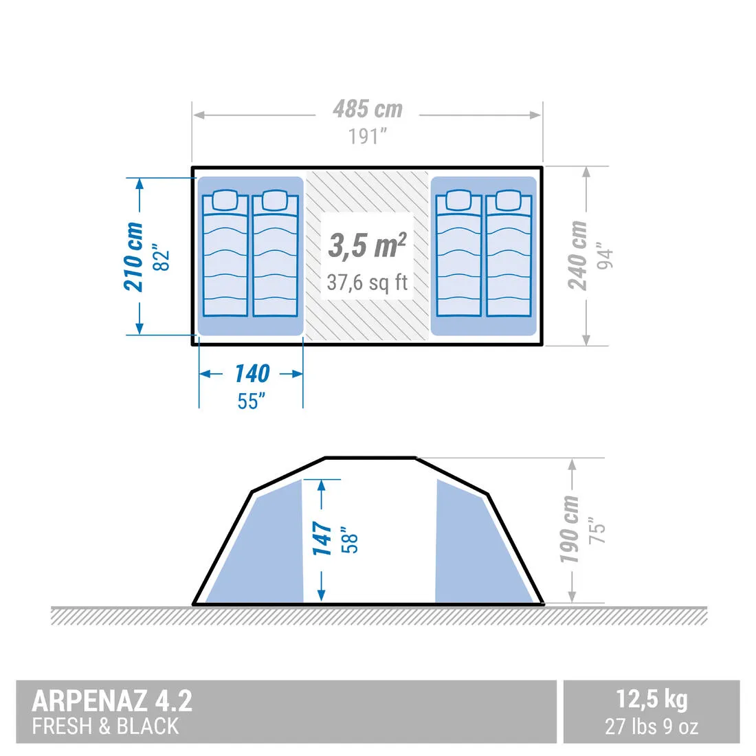 Family Camping Tent 4 Person - 4.2 Fresh & Black