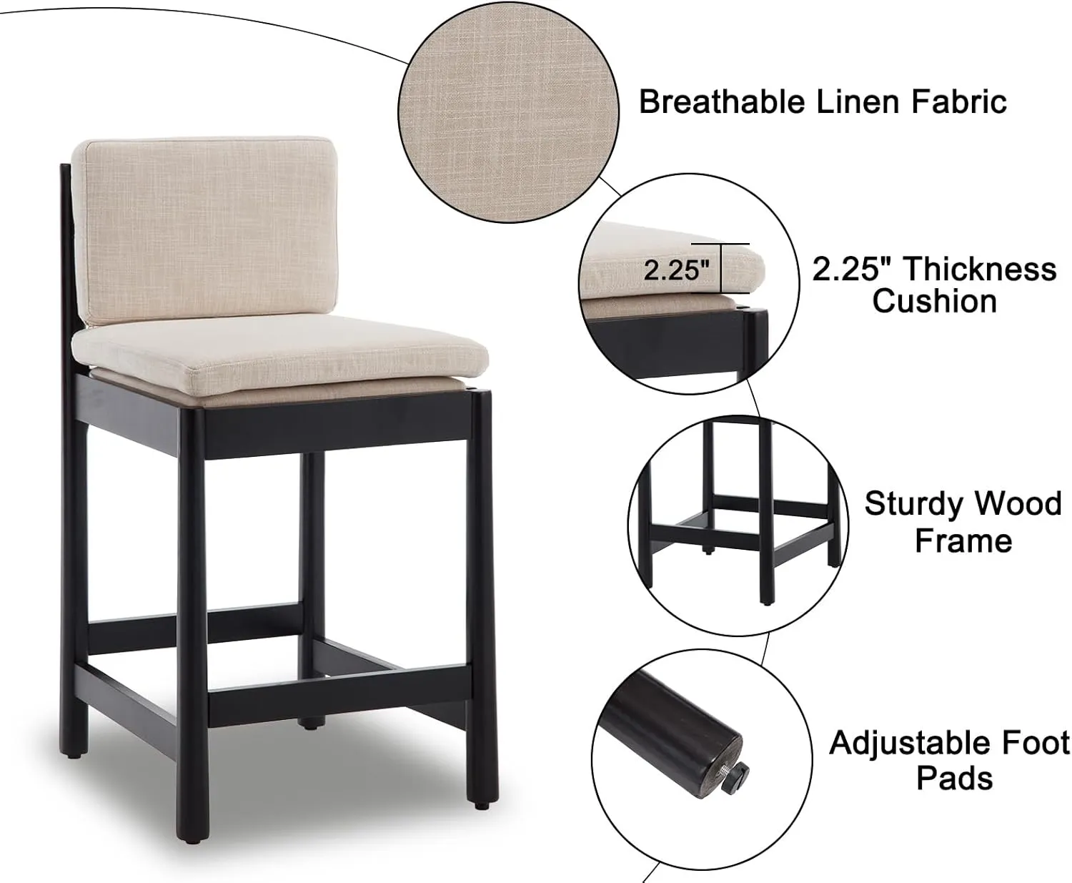 Farmhouse Counter Height Bar Stools Set of 2 Mid Century Modern Barstools Upholstered Counter Stools Black Wooden Bar Chairs for Kitchen Island/Dining Room/Home Bar/Pub,26 Inch,Beige Linen
