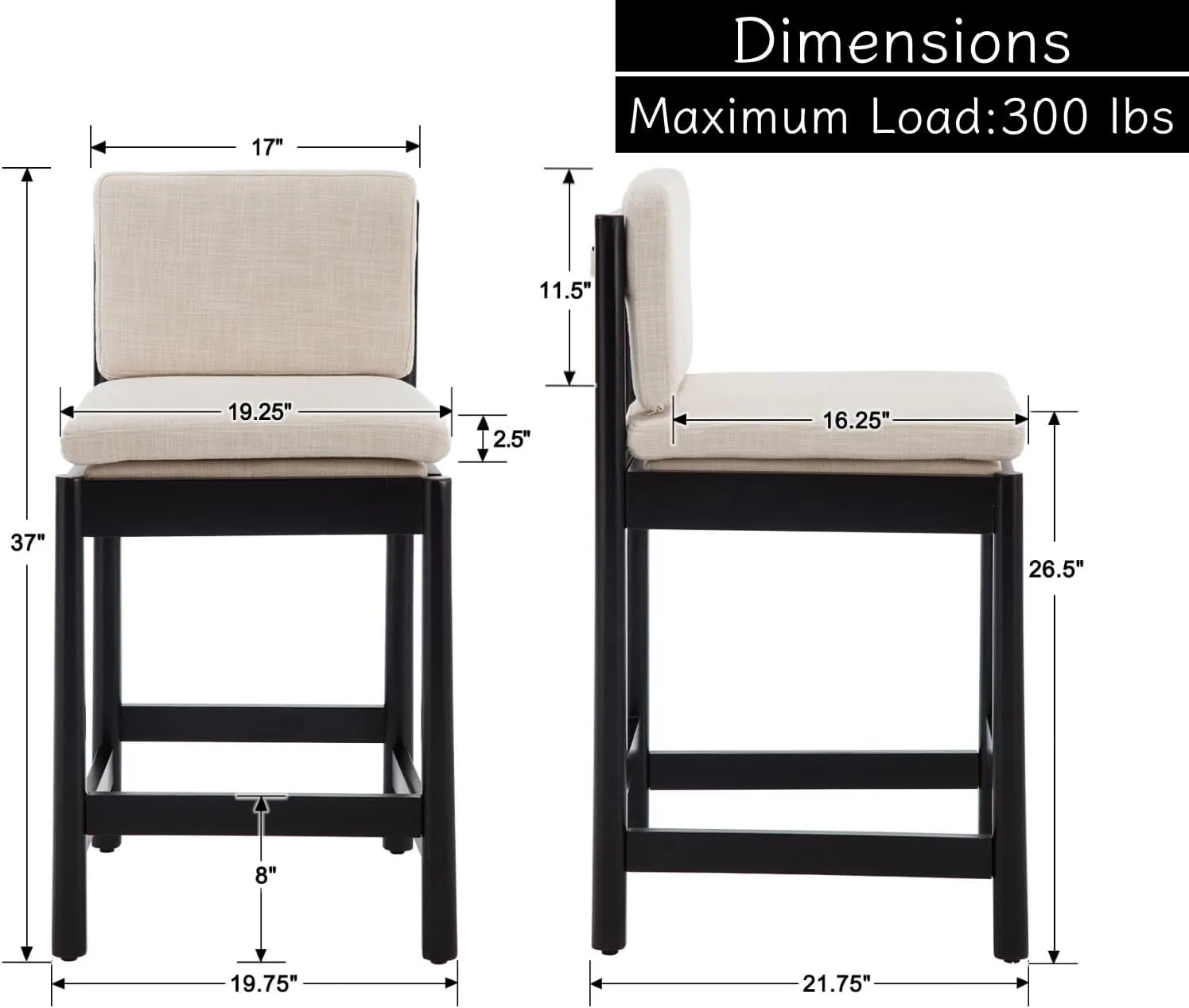 Farmhouse Counter Height Bar Stools Set of 2 Mid Century Modern Barstools Upholstered Counter Stools Black Wooden Bar Chairs for Kitchen Island/Dining Room/Home Bar/Pub,26 Inch,Beige Linen