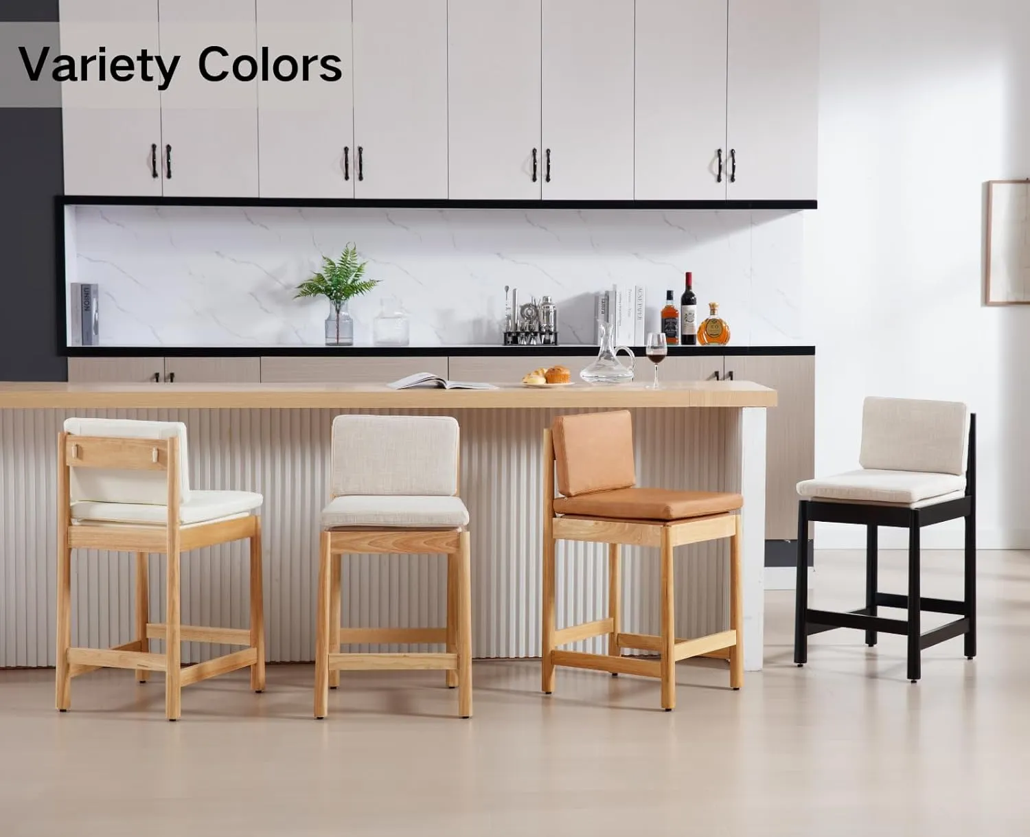 Farmhouse Counter Height Bar Stools Set of 2 Mid Century Modern Barstools Upholstered Counter Stools Black Wooden Bar Chairs for Kitchen Island/Dining Room/Home Bar/Pub,26 Inch,Beige Linen