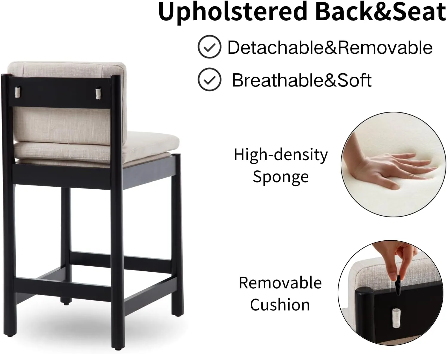 Farmhouse Counter Height Bar Stools Set of 2 Mid Century Modern Barstools Upholstered Counter Stools Black Wooden Bar Chairs for Kitchen Island/Dining Room/Home Bar/Pub,26 Inch,Beige Linen