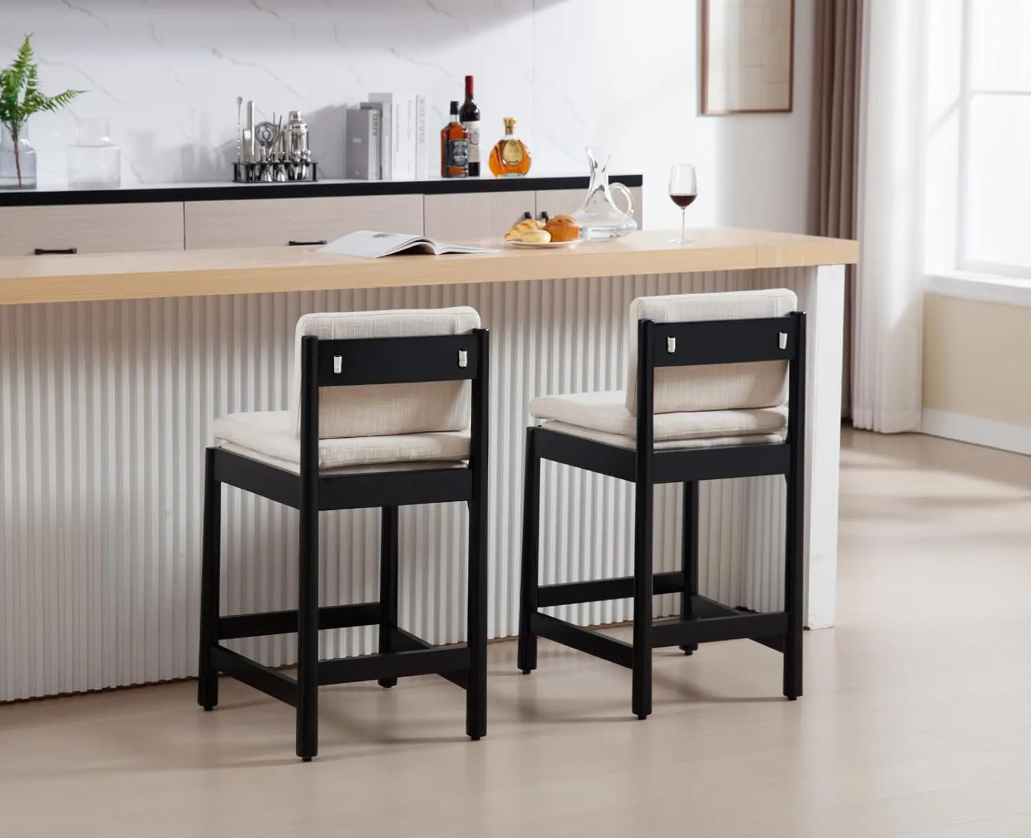 Farmhouse Counter Height Bar Stools Set of 2 Mid Century Modern Barstools Upholstered Counter Stools Black Wooden Bar Chairs for Kitchen Island/Dining Room/Home Bar/Pub,26 Inch,Beige Linen