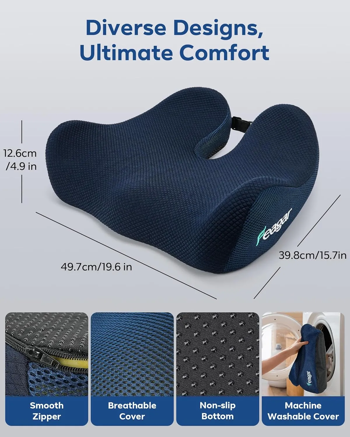 Feagar Seat Cushion - Office Chair Cushion for Hip, Sciatica & Tailbone Pain Relief - Memory Foam Pressure Relief Seat Cushion, Large Wrapped Design for Wheelchair, Car Seat & Long Sitting (Blue)