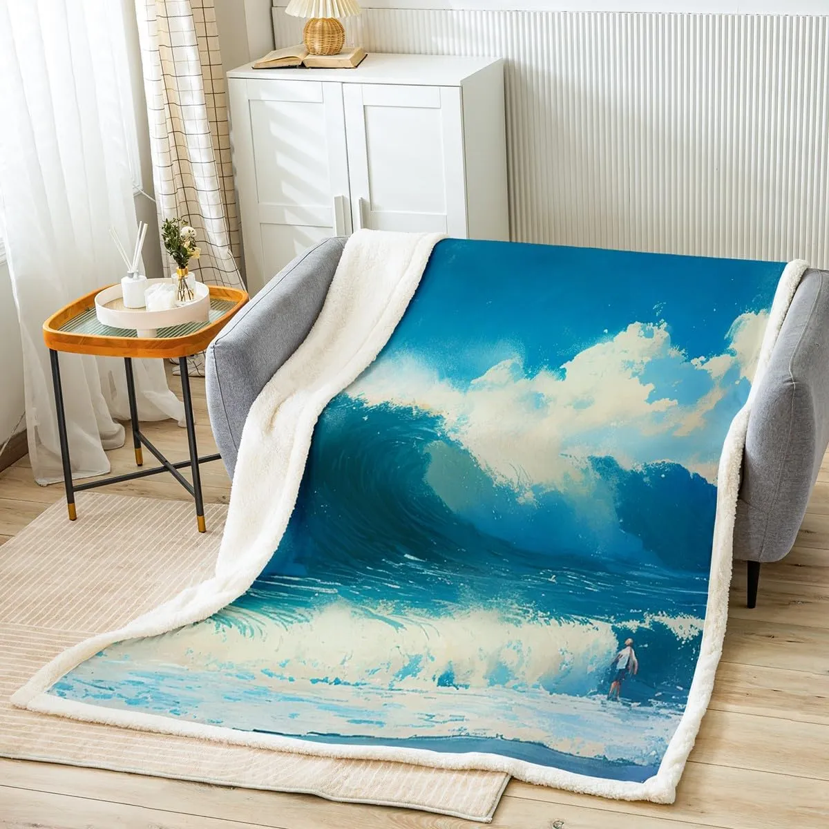 Feelyou Throw Blanket for Kids Adults Women Men Ocean Wave Sherpa Blanket for Bed Couch Hawaiian Tropical Wave Surfing Fleece Blanket Blue Sea Summer Plush Blanket Soft Fuzzy BlanketTwin 60"x80"