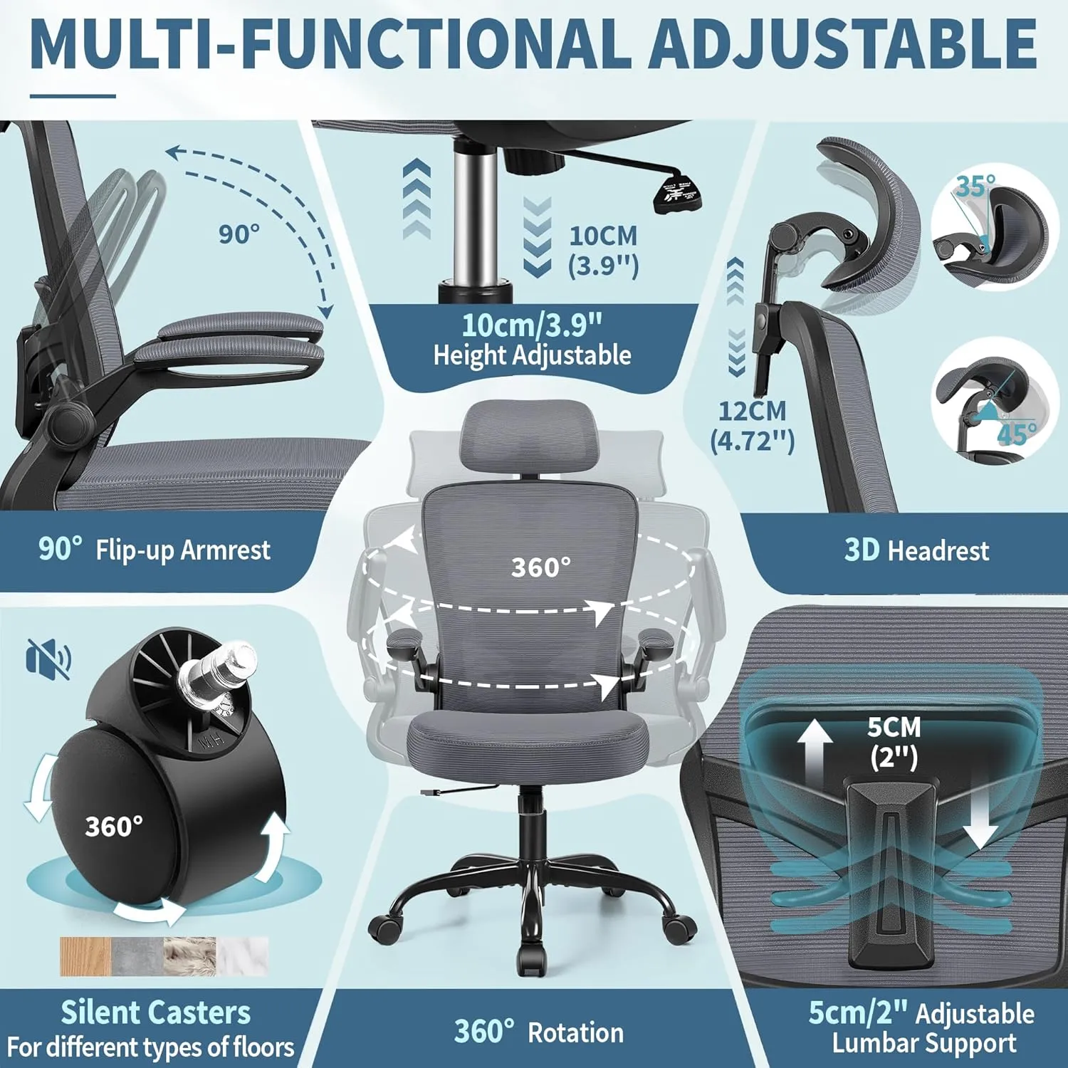 FelixKing Ergonomic Office Chair, Headrest Desk Chair Office Chair with Adjustable Lumbar Support, Home Office Swivel Task Chair with High Back and Armrest, Adjustable Height Gaming Chair(Dark Gray)