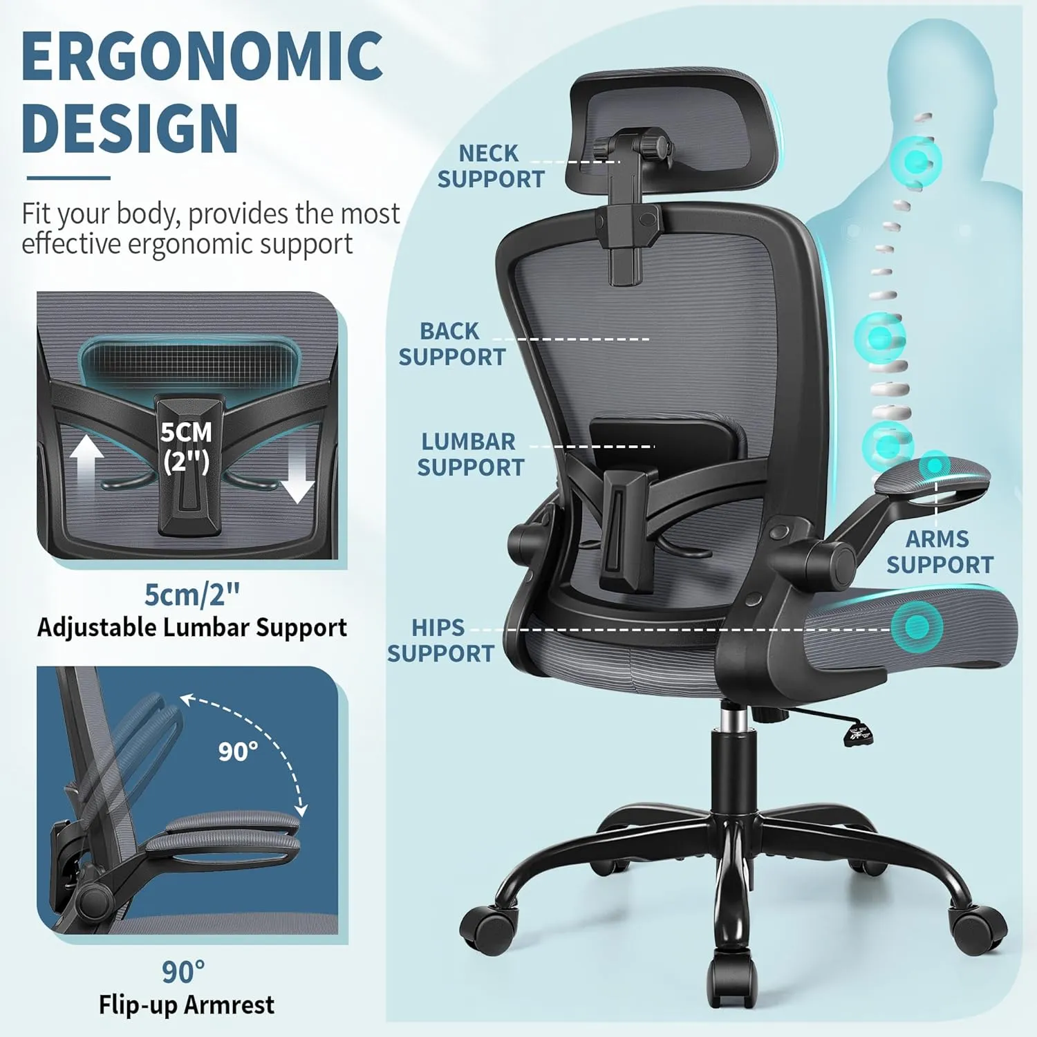 FelixKing Ergonomic Office Chair, Headrest Desk Chair Office Chair with Adjustable Lumbar Support, Home Office Swivel Task Chair with High Back and Armrest, Adjustable Height Gaming Chair(Dark Gray)
