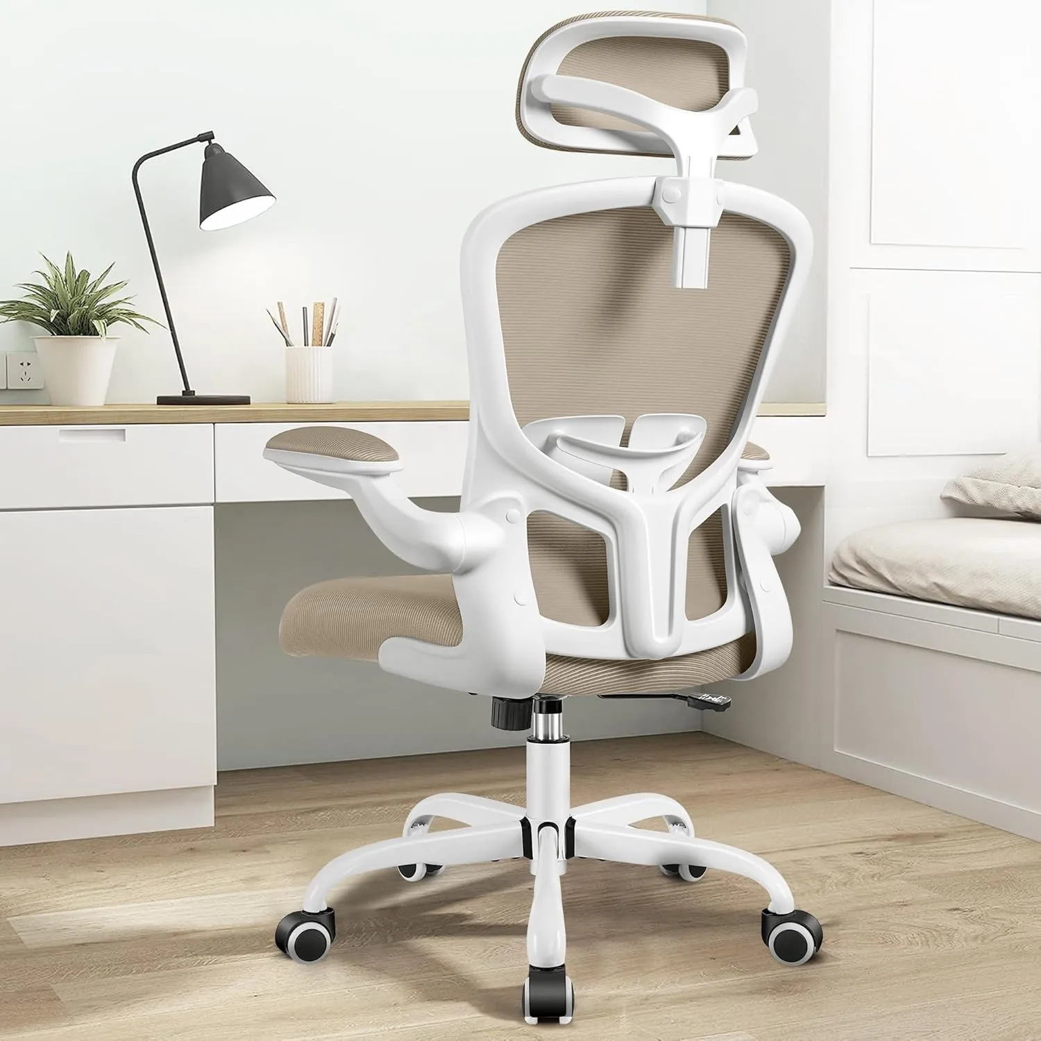 FelixKing Ergonomic Office Desk Chair with Headrest, Wheels, Adjustable Lumbar Support and Height, Swivel Comfy Task Chair with Flip-up Armrests, Ergo Mesh Backrest for Working (Khaki)