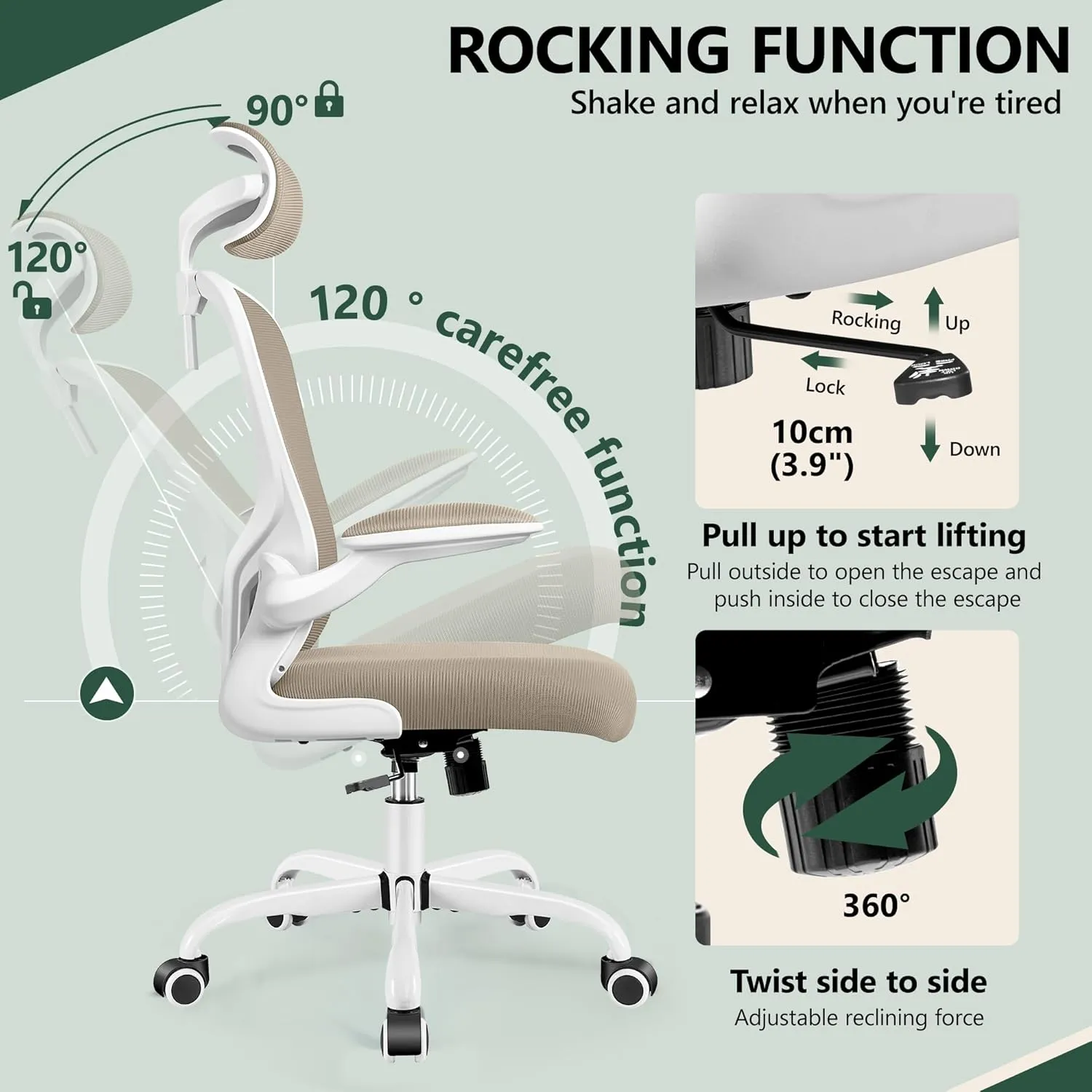 FelixKing Ergonomic Office Desk Chair with Headrest, Wheels, Adjustable Lumbar Support and Height, Swivel Comfy Task Chair with Flip-up Armrests, Ergo Mesh Backrest for Working (Khaki)