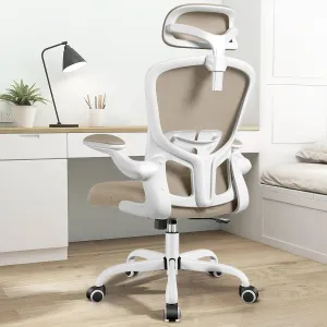 FelixKing Ergonomic Office Desk Chair with Headrest, Wheels, Adjustable Lumbar Support and Height, Swivel Comfy Task Chair with Flip-up Armrests, Ergo Mesh Backrest for Working (Khaki)