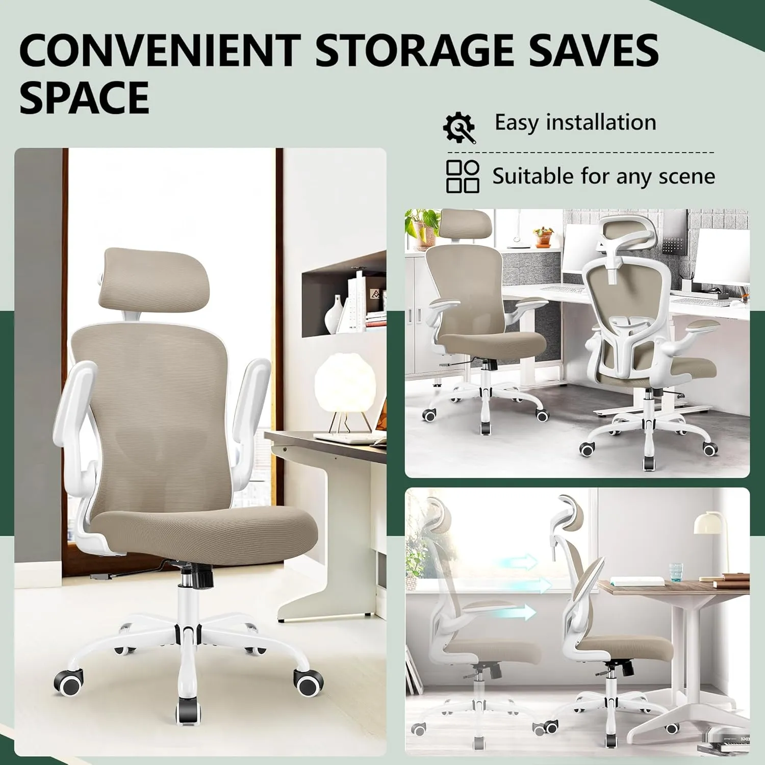FelixKing Ergonomic Office Desk Chair with Headrest, Wheels, Adjustable Lumbar Support and Height, Swivel Comfy Task Chair with Flip-up Armrests, Ergo Mesh Backrest for Working (Khaki)