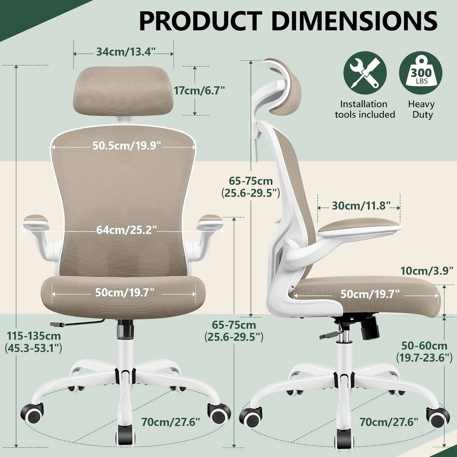 FelixKing Ergonomic Office Desk Chair with Headrest, Wheels, Adjustable Lumbar Support and Height, Swivel Comfy Task Chair with Flip-up Armrests, Ergo Mesh Backrest for Working (Khaki)