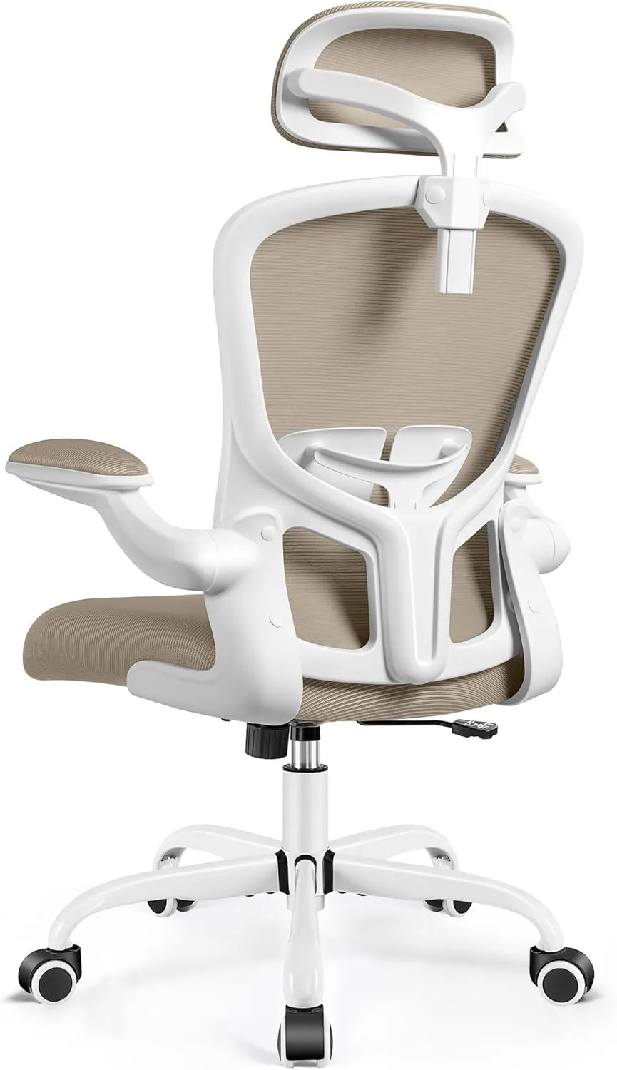 FelixKing Ergonomic Office Desk Chair with Headrest, Wheels, Adjustable Lumbar Support and Height, Swivel Comfy Task Chair with Flip-up Armrests, Ergo Mesh Backrest for Working (Khaki)