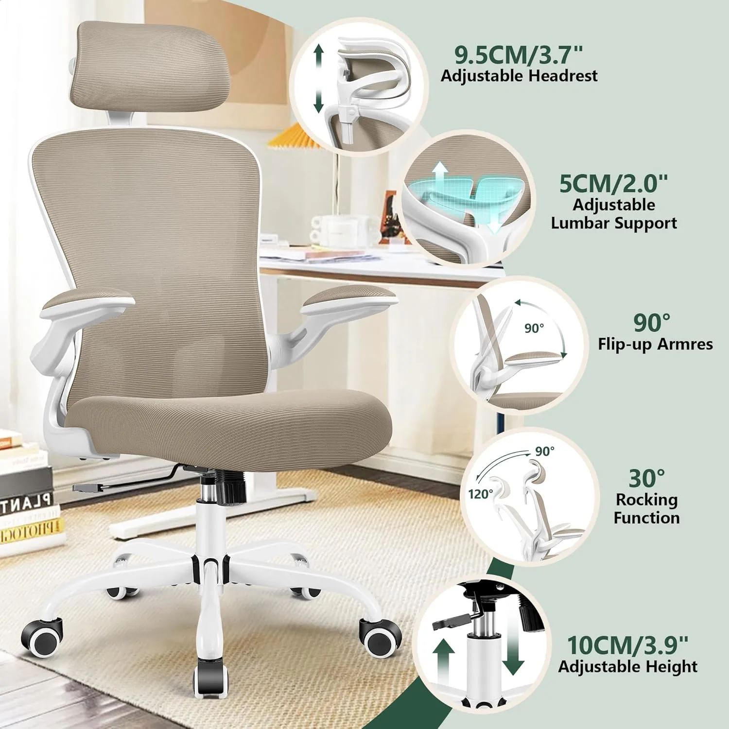 FelixKing Ergonomic Office Desk Chair with Headrest, Wheels, Adjustable Lumbar Support and Height, Swivel Comfy Task Chair with Flip-up Armrests, Ergo Mesh Backrest for Working (Khaki)