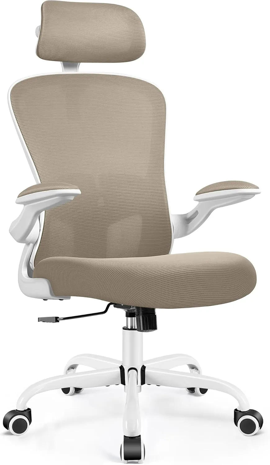 FelixKing Ergonomic Office Desk Chair with Headrest, Wheels, Adjustable Lumbar Support and Height, Swivel Comfy Task Chair with Flip-up Armrests, Ergo Mesh Backrest for Working (Khaki)