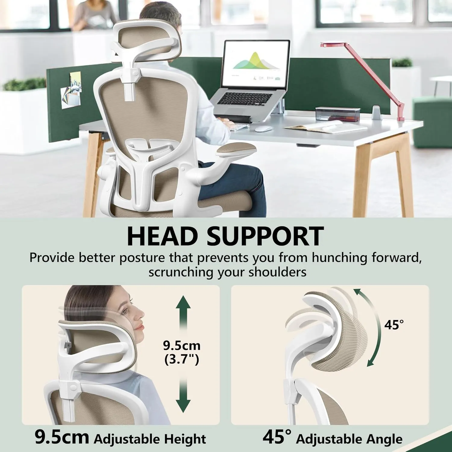 FelixKing Ergonomic Office Desk Chair with Headrest, Wheels, Adjustable Lumbar Support and Height, Swivel Comfy Task Chair with Flip-up Armrests, Ergo Mesh Backrest for Working (Khaki)