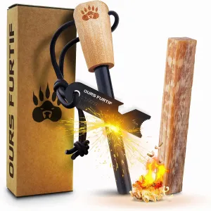 Fire Starter Survival Tool - 3/8" Thick Flint and Steel Ferro Rod - Survival Kit Fire Steel with Fat Wood Tinder Stick & Multi-Tool Striker - for Camping, Emergency, Bushcraft, Outdoor