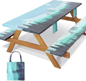 Fitted Picnic Table Cover with Bench Covers Elastic Waterproof Outdoor Camping Tablecloth for 6 Foot Rectangle Tables Camper Summer Accessories Rv Car Essentials Vacation Gifts for Women Men