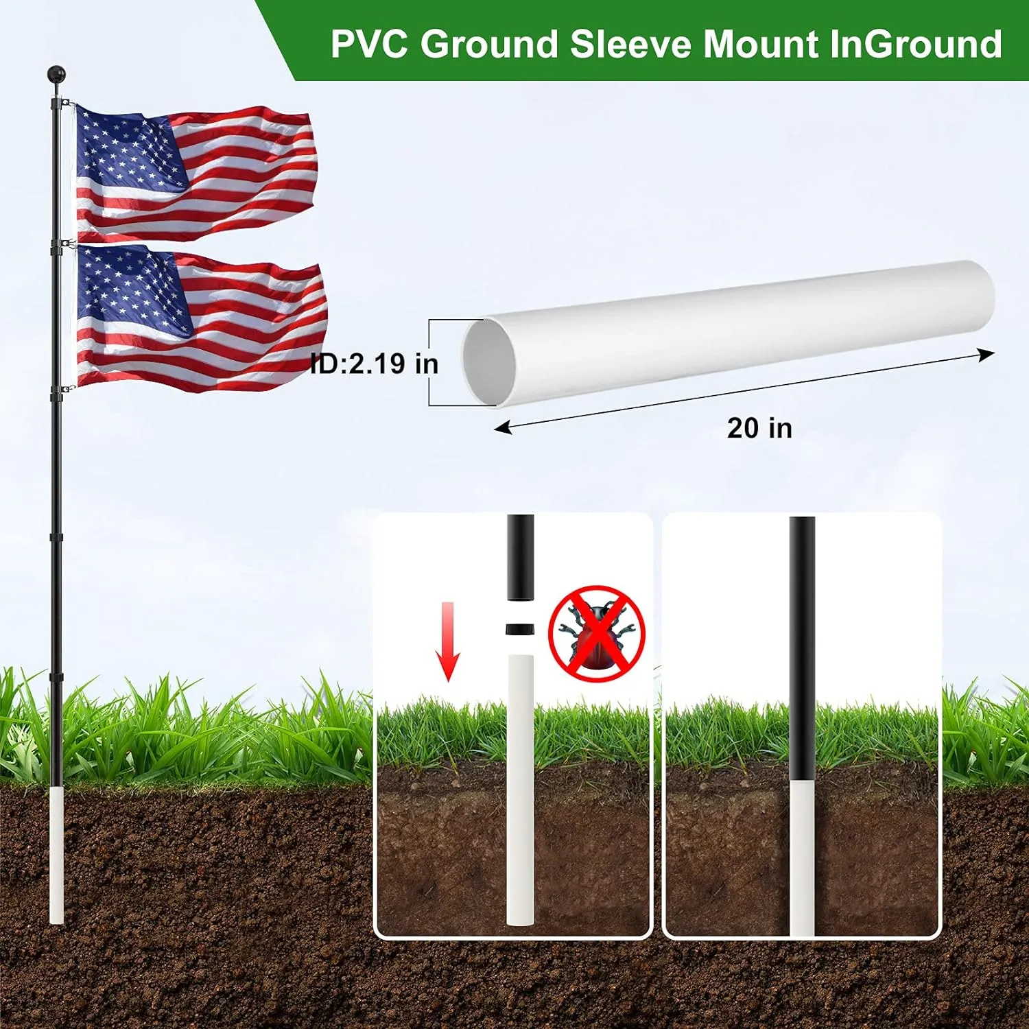 Flag Pole for Outside In Ground, 20 FT Heavy Duty Telescopic Flagpole Kit for Yard, Extra Thick Outdoor Telescoping Flag Poles with 3x5 American Flag for Residential or Commercial, Black