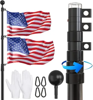 Flag Pole for Outside In Ground, 20 FT Heavy Duty Telescopic Flagpole Kit for Yard, Extra Thick Outdoor Telescoping Flag Poles with 3x5 American Flag for Residential or Commercial, Black