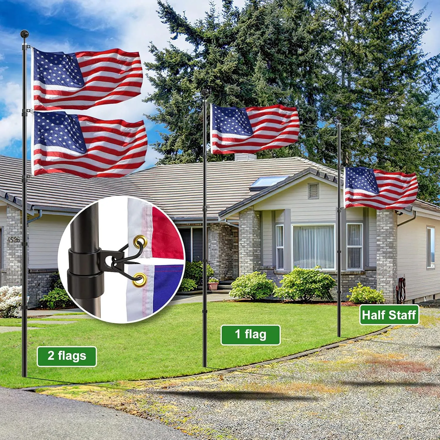 Flag Pole for Outside In Ground, 20 FT Heavy Duty Telescopic Flagpole Kit for Yard, Extra Thick Outdoor Telescoping Flag Poles with 3x5 American Flag for Residential or Commercial, Black