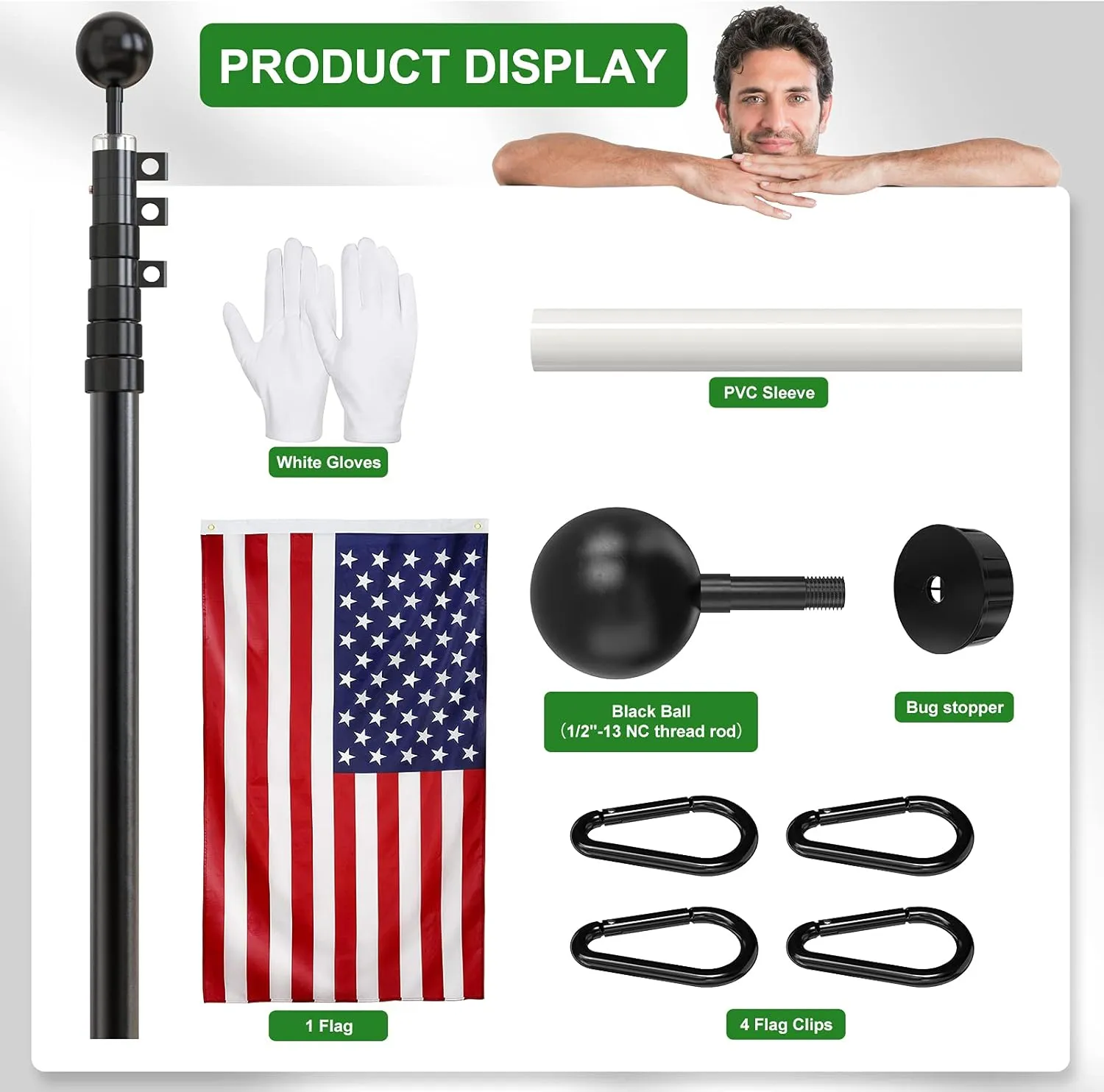 Flag Pole for Outside In Ground, 20 FT Heavy Duty Telescopic Flagpole Kit for Yard, Extra Thick Outdoor Telescoping Flag Poles with 3x5 American Flag for Residential or Commercial, Black