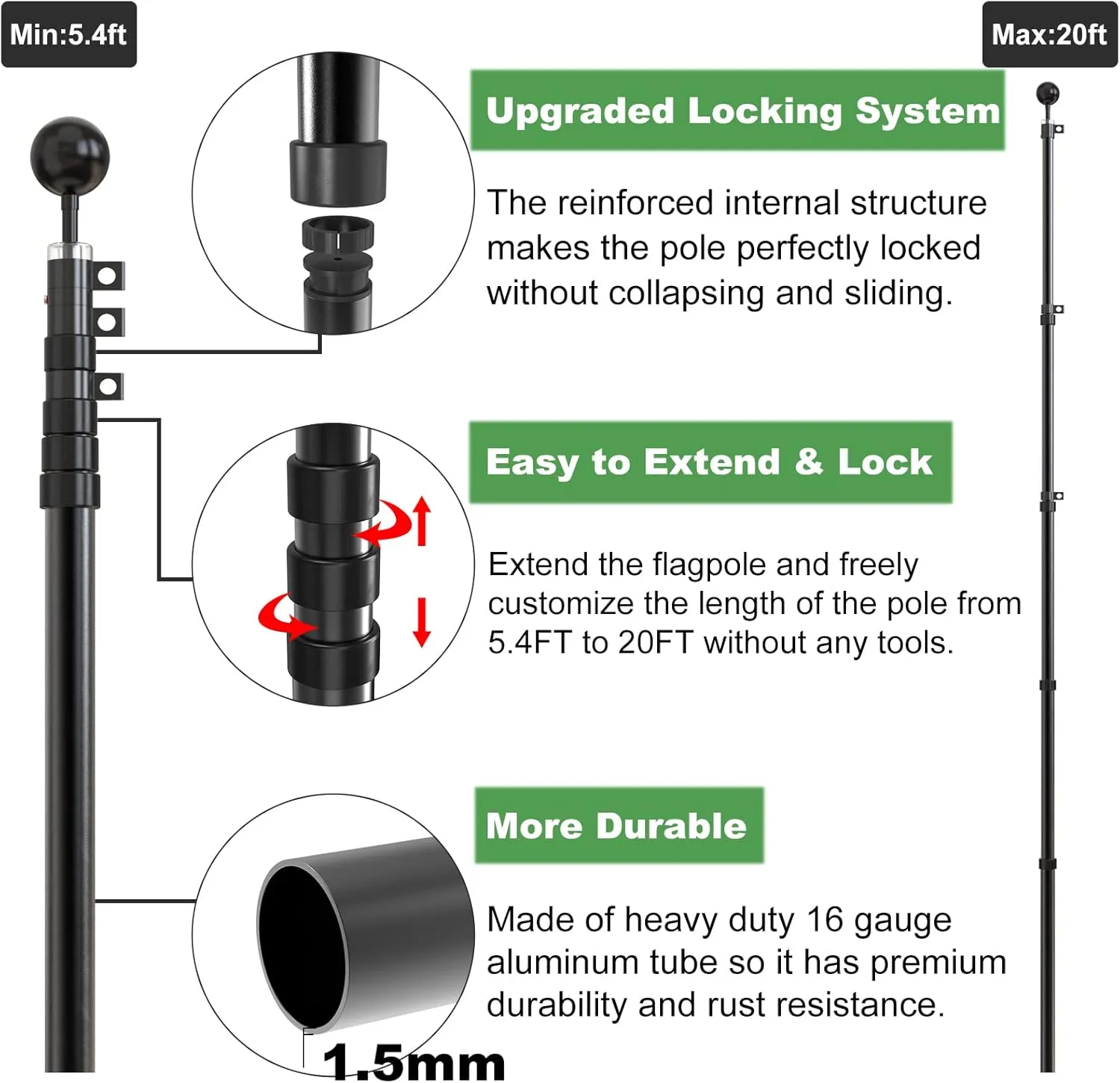 Flag Pole for Outside In Ground, 20 FT Heavy Duty Telescopic Flagpole Kit for Yard, Extra Thick Outdoor Telescoping Flag Poles with 3x5 American Flag for Residential or Commercial, Black