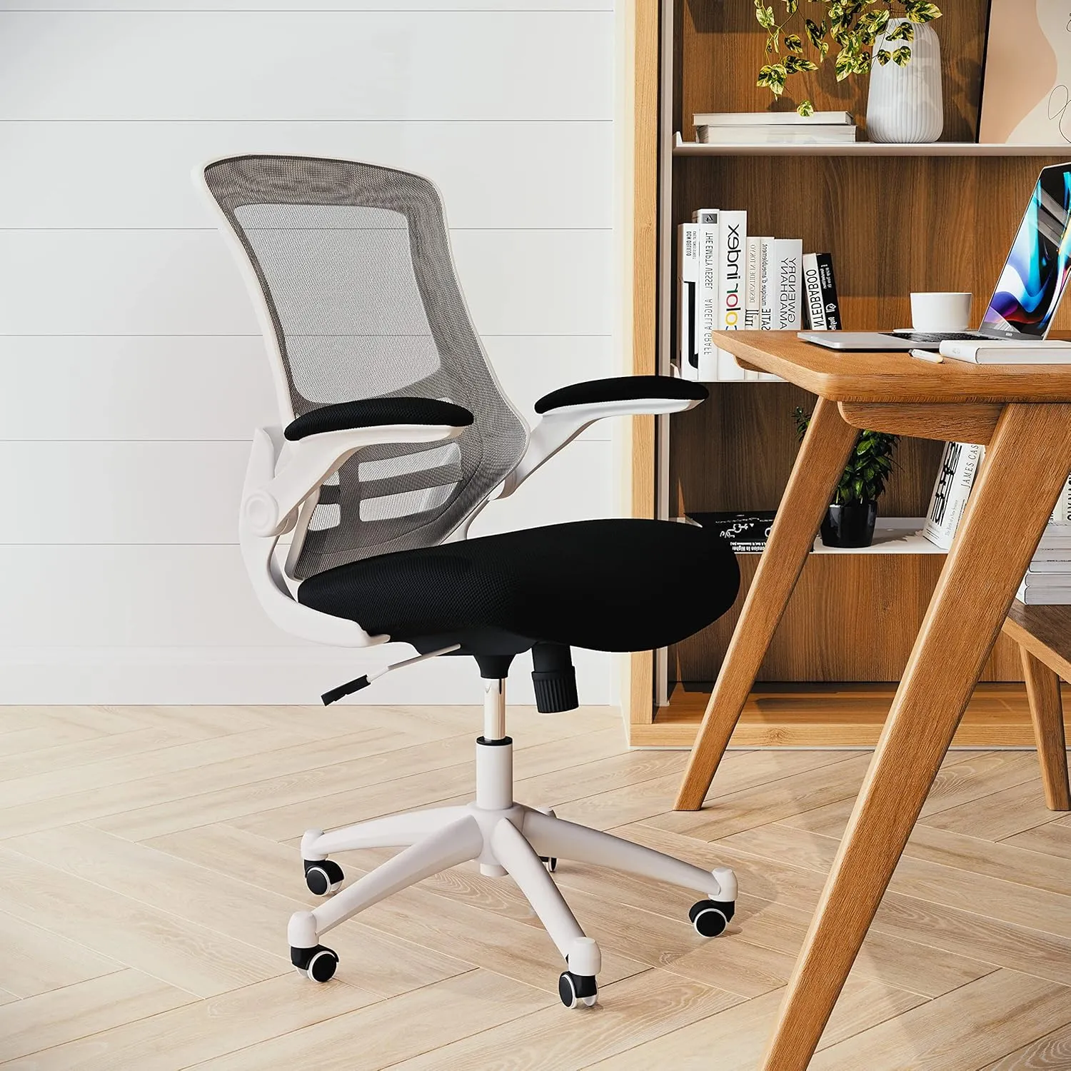 Flash Furniture Kelista Office Chair, Ergonomic, Mid-Back, White Frame, Black Mesh with Swivel