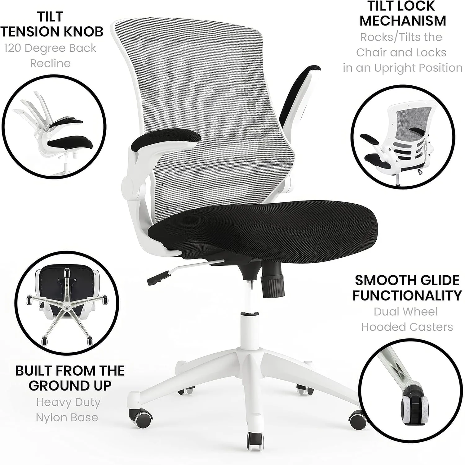 Flash Furniture Kelista Office Chair, Ergonomic, Mid-Back, White Frame, Black Mesh with Swivel