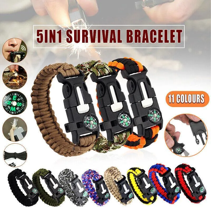 Flint Fire Starter 5In1 Survival Paracord Bracelet Whistle Compass Gear Tool Kit