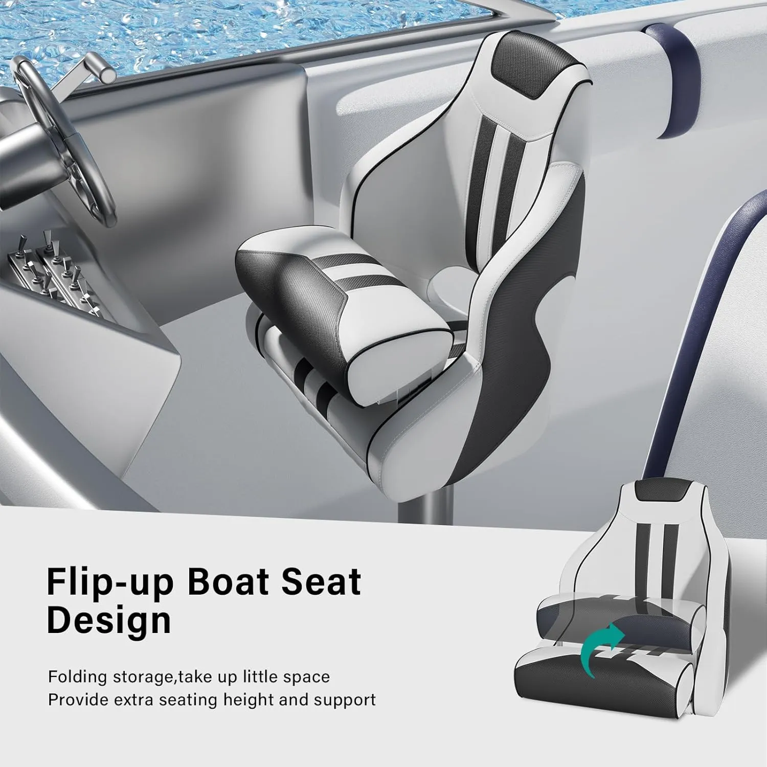 Flip Up Boat Seat High Back Premium Boat Captains Chair, Stainless Steel Screws Included Easy Assimble, White/Black
