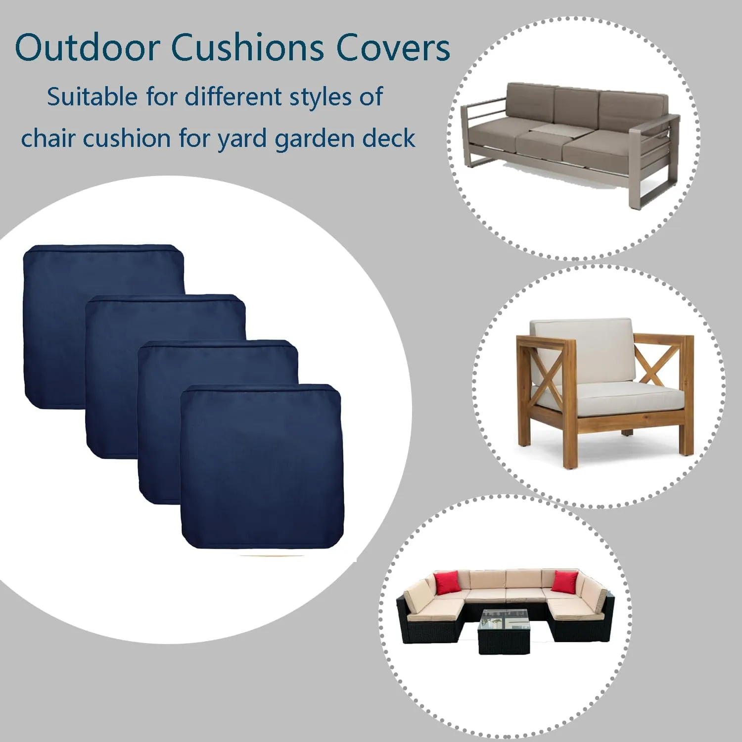 FLYMEI Patio Cushion Covers 20x20x2 Waterproof Outdoor Cushion Cover Replacement 4Packs Outdoor Seat Cushion Slipcover for Rattan Chair Sofa, Blue