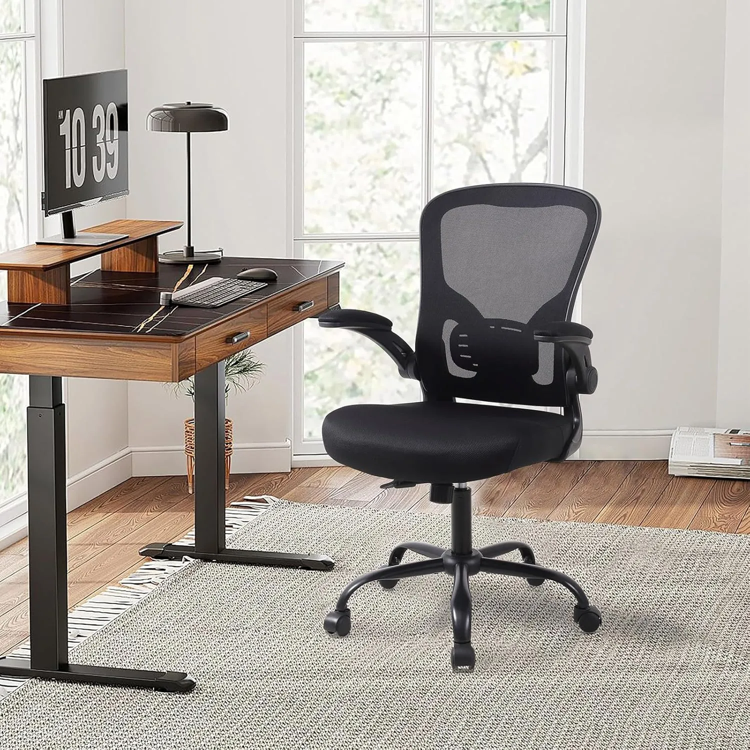 Flysky Office Chair, Ergonomic Desk Chair, Mesh Computer Chair for Home Office, with Comfy/Comfortable Flip-up Arm Rests/Lumbar Support/Height Adjustable/360 Degree Rolling Swivel (Black)