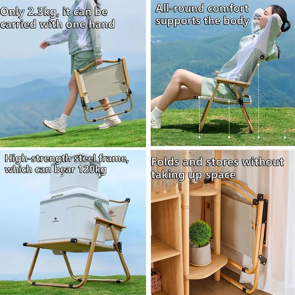 Foldable Outdoor Camping Chair, Portable Folding Beach Chair, Heavy Duty Seat Low Stool Lightweight for Picnic Fishing Hiking Lawn Backyard(Khaki,Large)